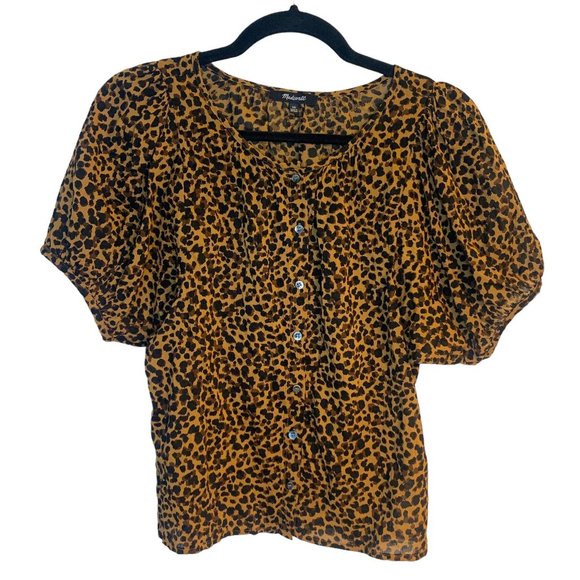 Madewell Tops - Madewell Animal Print Short Bubble Sleeve Crew Neck Button Up Shirt Womens XS